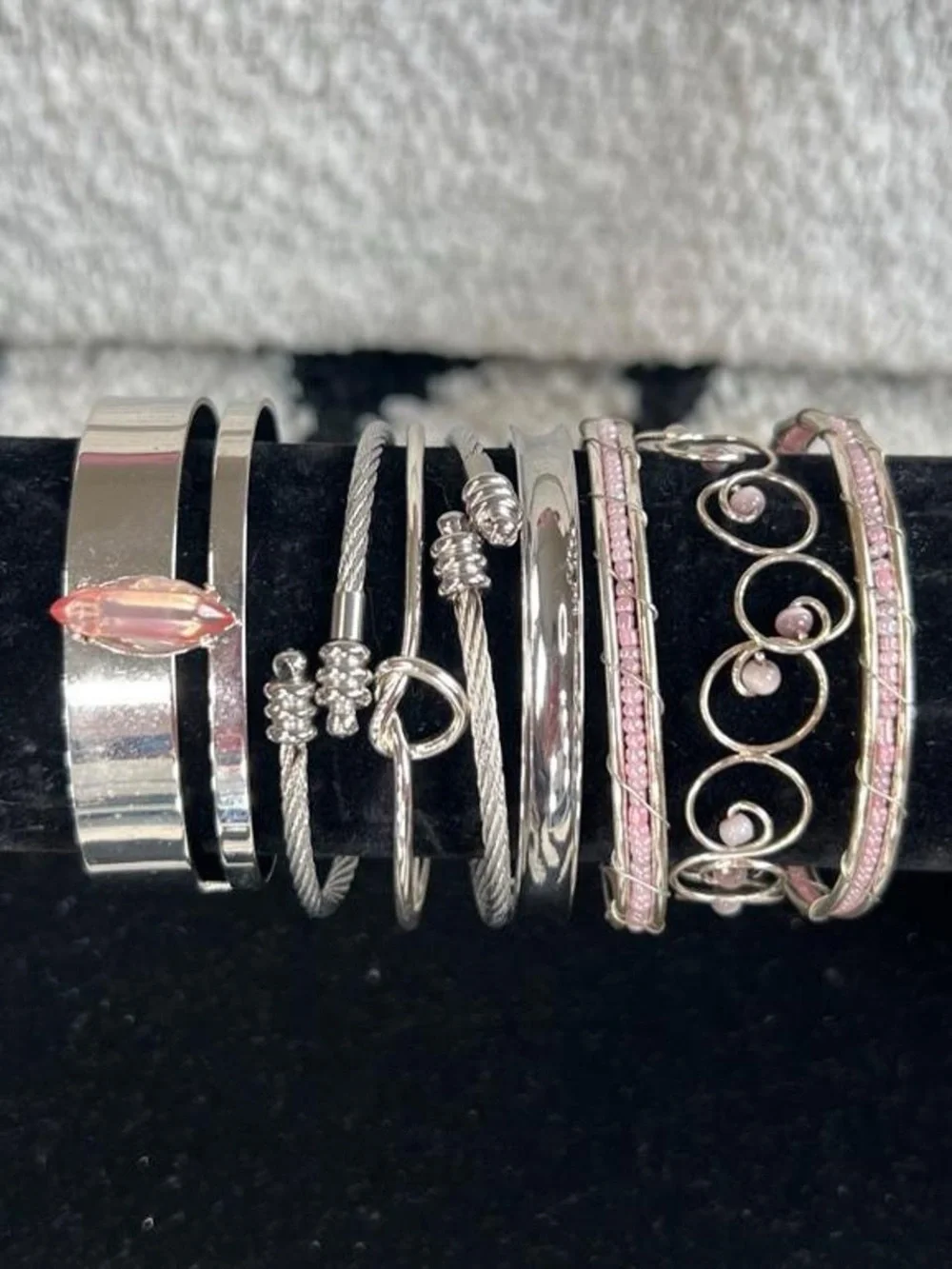 Y2K Silver tone & pink bangle bracelet stack